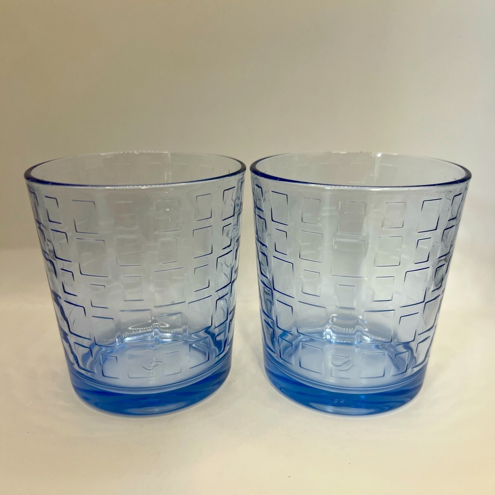 Vintage Pasabahce Scotch Pattern Blue Lowball Whiskey Glasses (2)